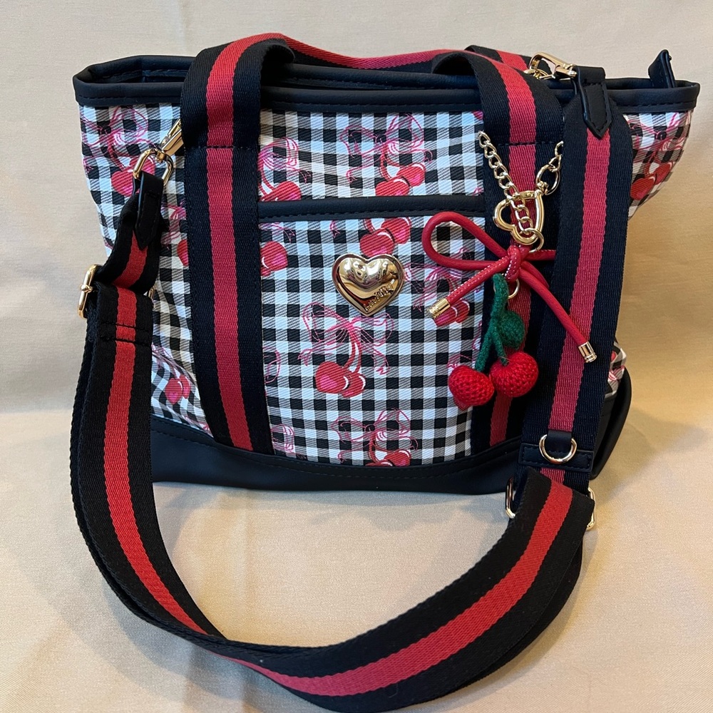 Betsey Johnson Black, Red & White Cherry Gingham Tote with Gold Heart Charm